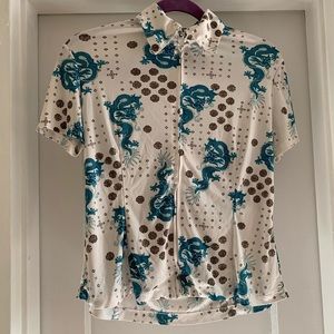 zipper up blue dragon silky top